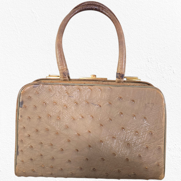 Vintage 1950s Genuine Ostrich Leather Top Handle Purse Beige Frame Bag w/ Coin - Picture 1 of 16